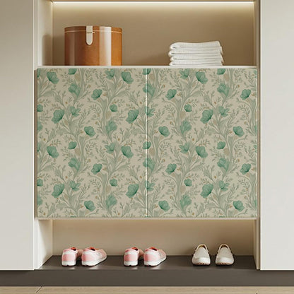 Peel and Stick Wallpaper, Self - Adhesive Removable Light Beige with Green Flowers Pattern, PVC Contact Paper for Bedroom/Living Room/Kitchen/Bathroom/Cabinet, Renter Friendly, 17.7inx118in