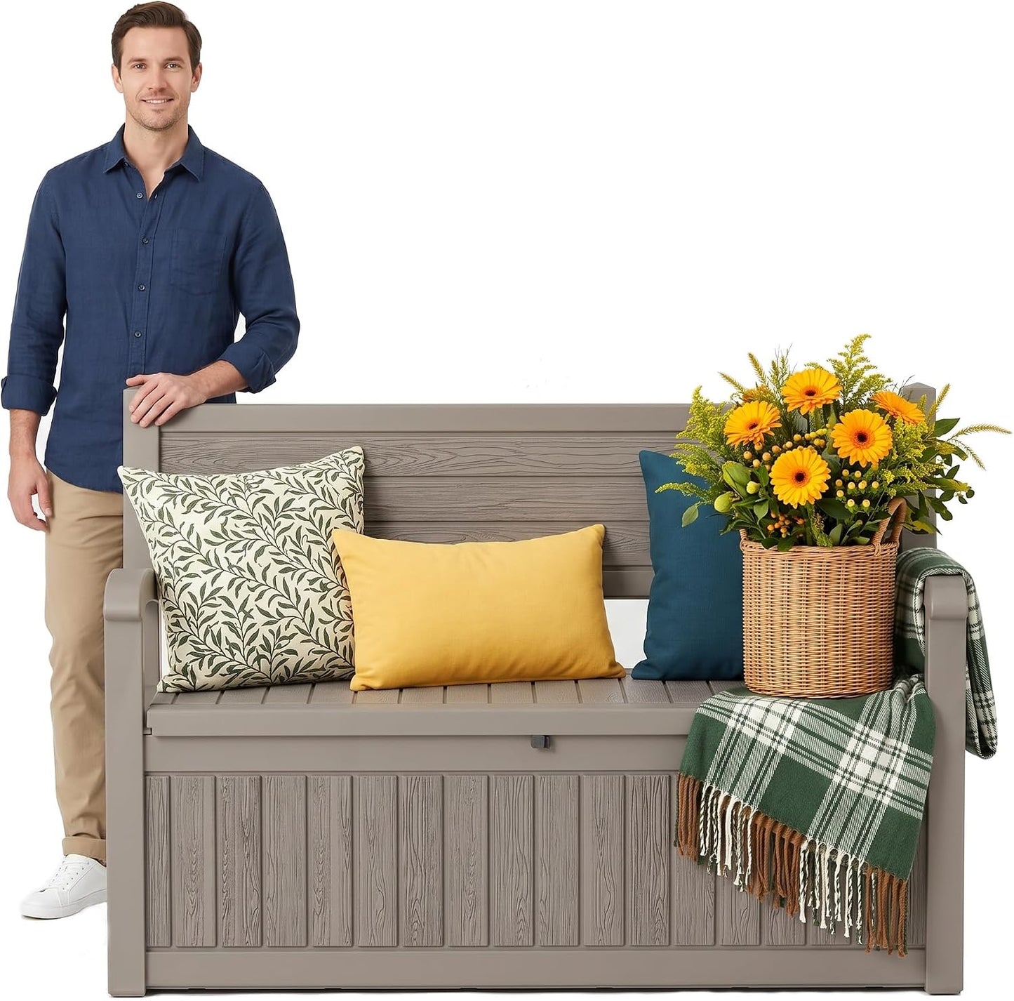 Outdoor Bench, Waterproof Garden Bench with Storage, 100 Gallon Lockable Resin Deck Box, Weatherproof Bench Seating for Patio Yard Cushions Tools, Black