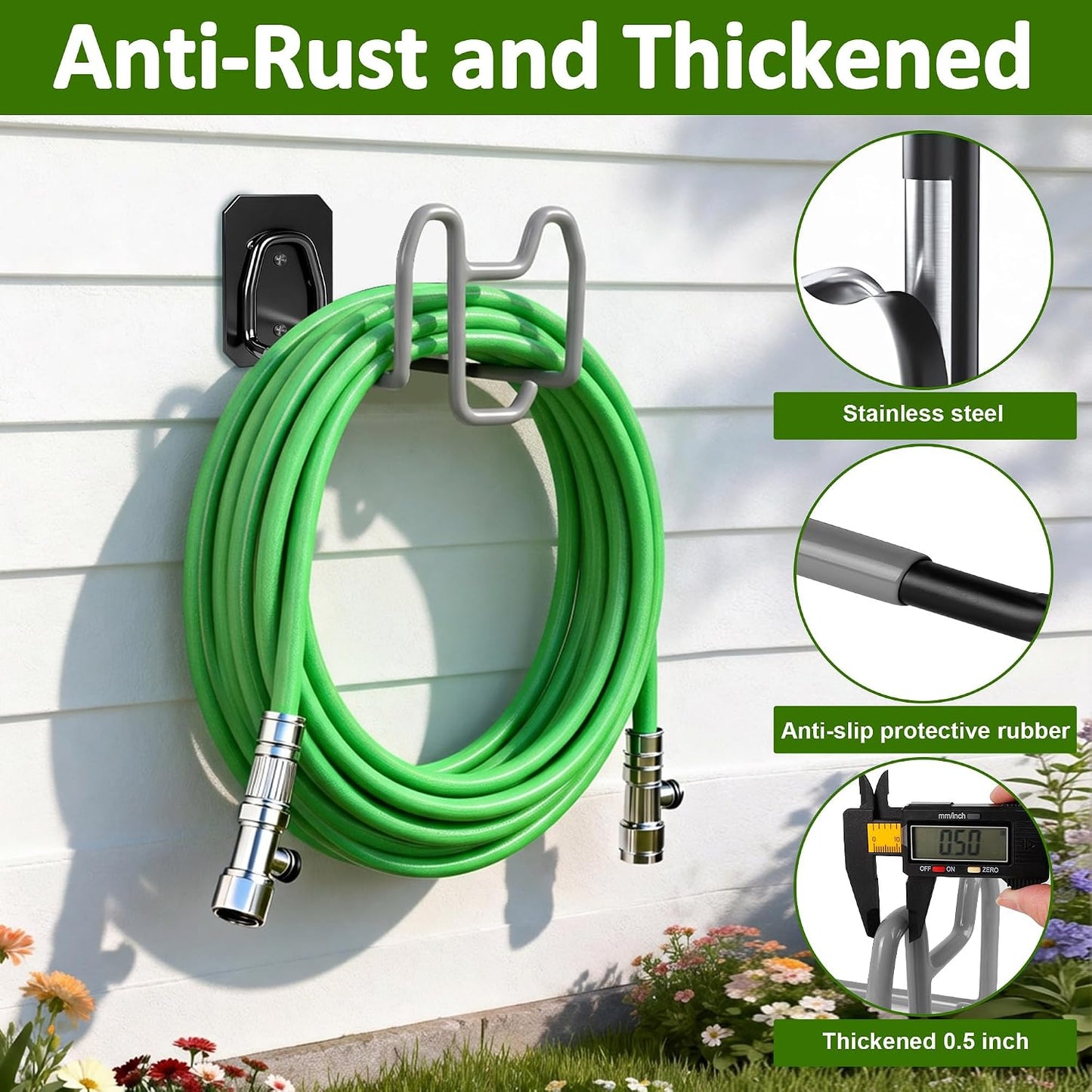 Garden Hose Holder Wall Mount Water Hose Holders for Outside | Metal Hose Hanger with Hook Heavy Duty Garden Hose Reel for Outside Yard Lawn Storage
