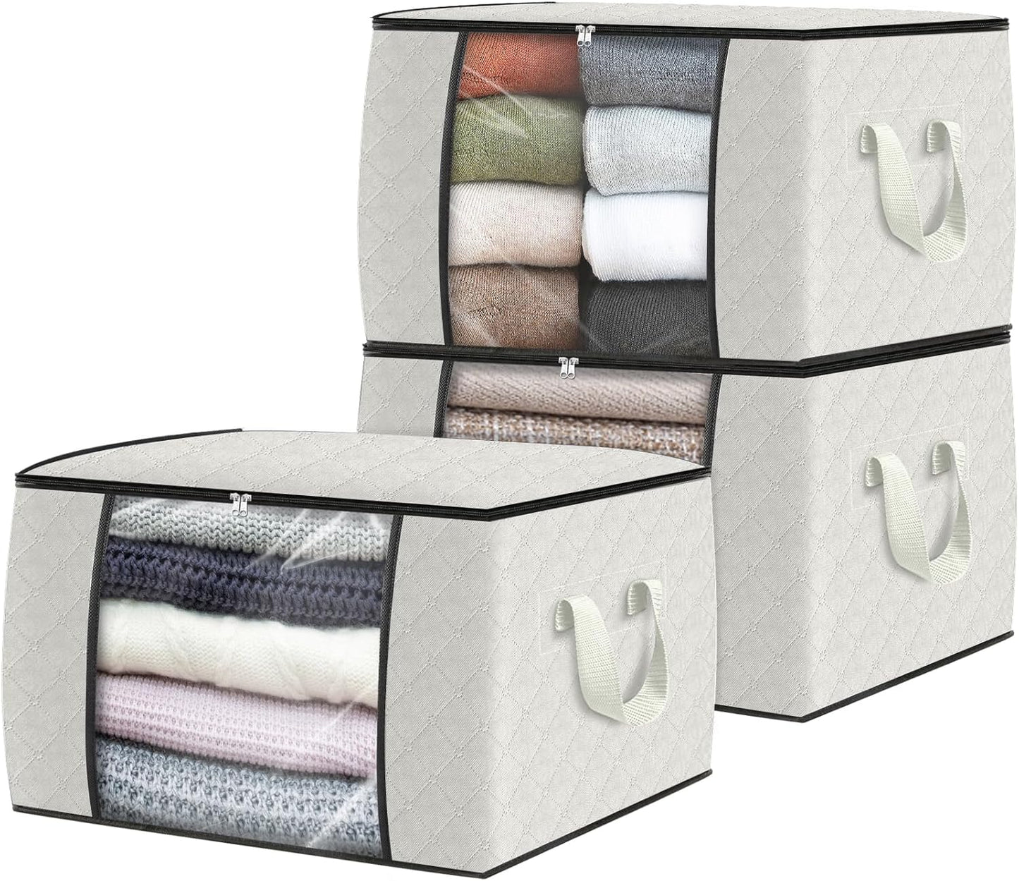 Fab totes 6 Pack Storage Bags for Clothes and Blanket, Foldable Closet Organizers and Storage with Zippers, Clear Window and Handles, Fabric Storage Bins for Sweater, Comforter, Bedding,Linen Sheets