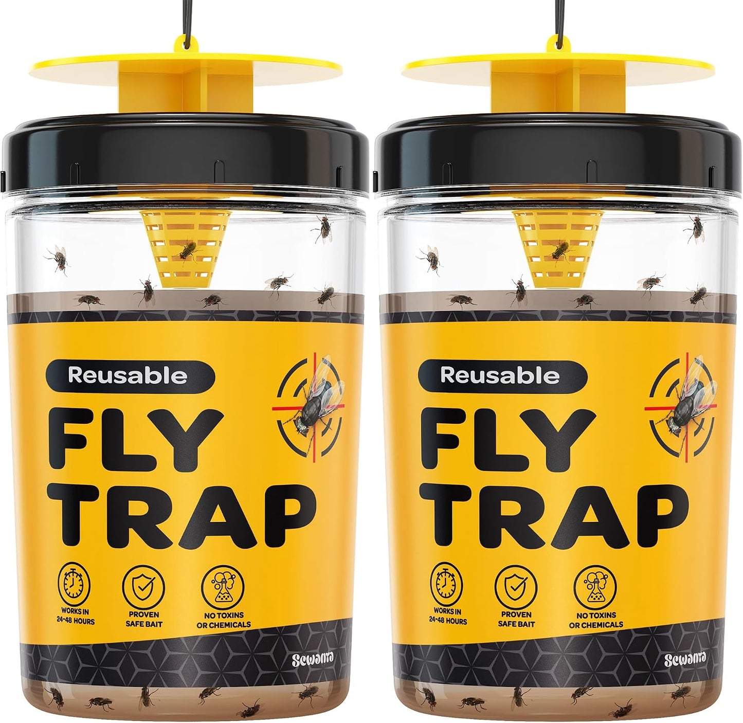 Fly Traps Outdoor [Set of 2] with Dissolvable Non-Toxic Bait - Reusable Hanging Bug Catcher Killer for All Flies for Outside Bug Control Patios, Barns, Ranches Etc. Hanging Fly Traps with Tie Included