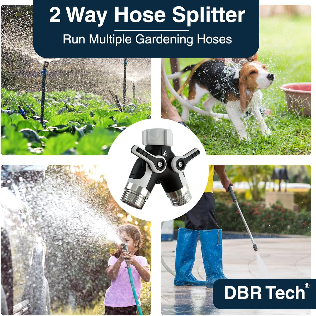DBR Tech® Hose Splitter 2 Way, Heavy Duty Metal Connector, Two Way Garden Hose Splitter, High Flow Spigot Faucet Bib Adapter, Solid Double Y Shut Off Valve for Outdoor Gardening Hoses, Orange