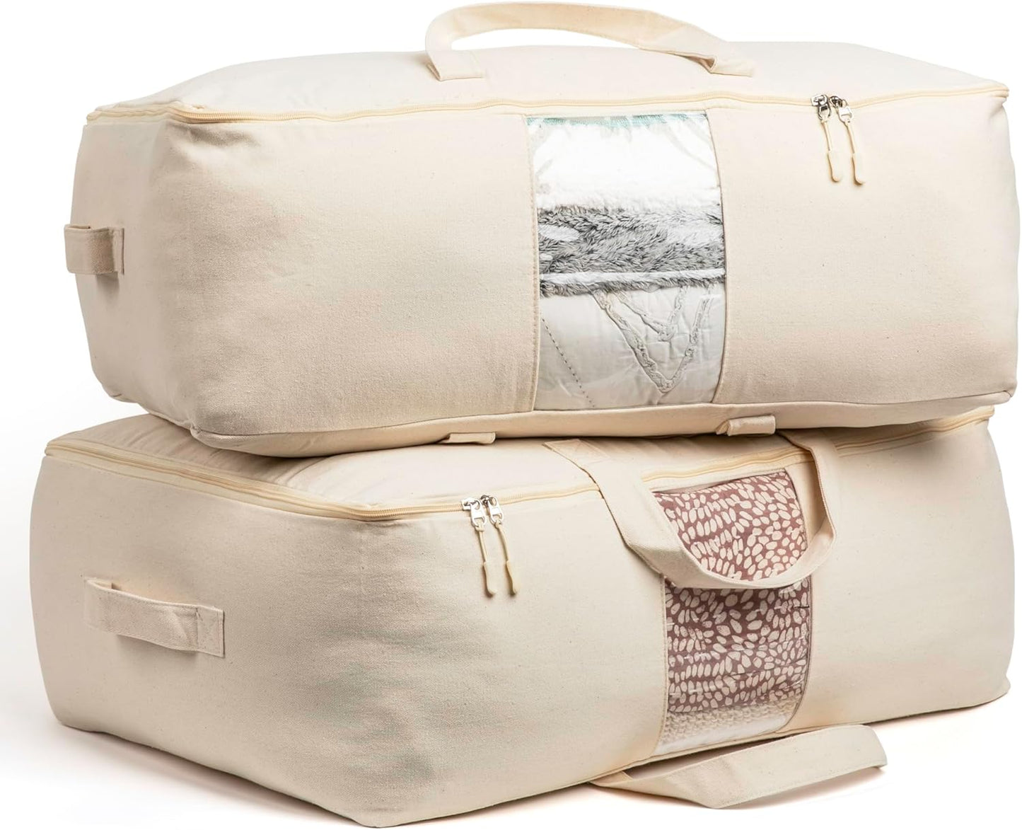 Soft Canvas Storage Bags with Zipper. Thick Breathable, 1pc King/Queen Comforter Organizer. Four Carrying Handles and Window. Large 25x19x9in Bag for Sheets Blankets Bedding Pillows, Clothes (Grey)