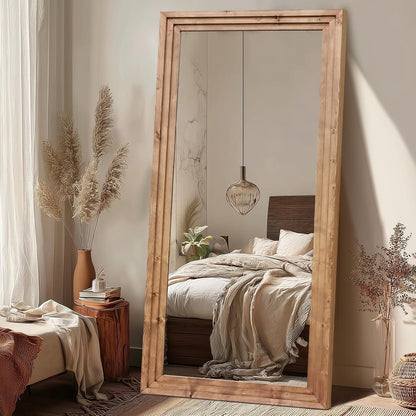 65"x22" Full Length Mirror Solid Wood Frame Floor Mirror with Stand for Living Room, Bedroom Hanging Standing or Leaning, Brown