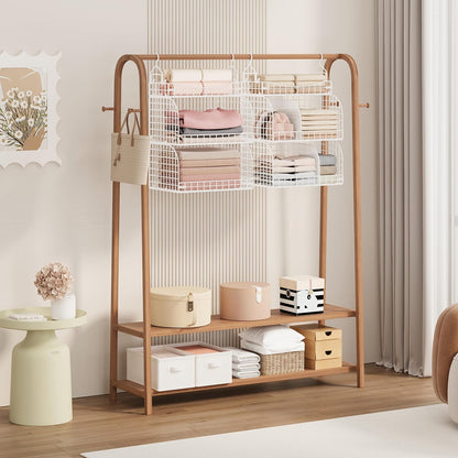 SWTYMIKI Hanging Closet Organizer Storage - 3 Tier Metal Stackable Hanging Closet Shelves with Dividers and S Hooks, Foldable Clothes Shelves for Clothes, Pants, Shoes, Coat, Hats Clutches Accessories
