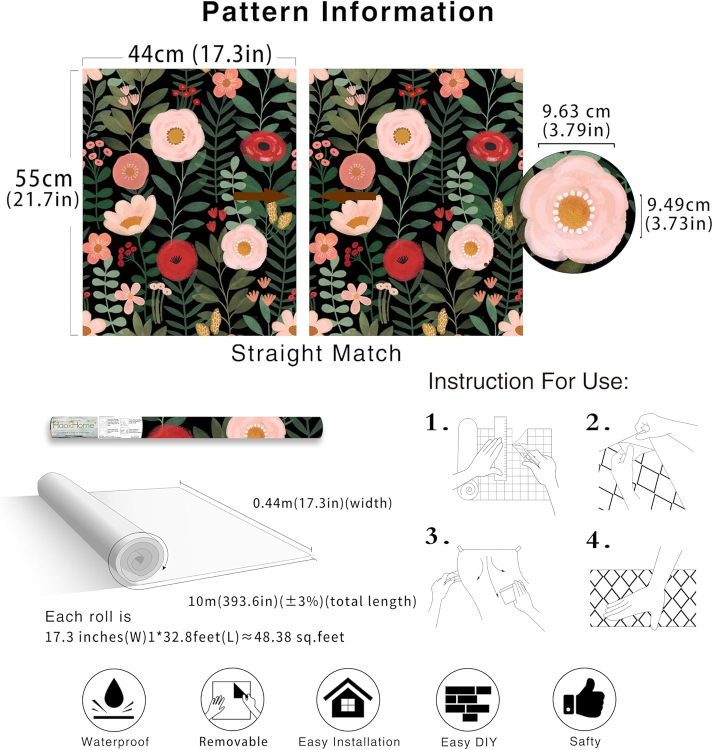 HAOKHOME Floral Peel and Stick Wallpaper Boho Vintage Wall Paper Removable for Bathroom Nursery Beige/Pink/Red Contact Paper 17.3in x 9.8ft