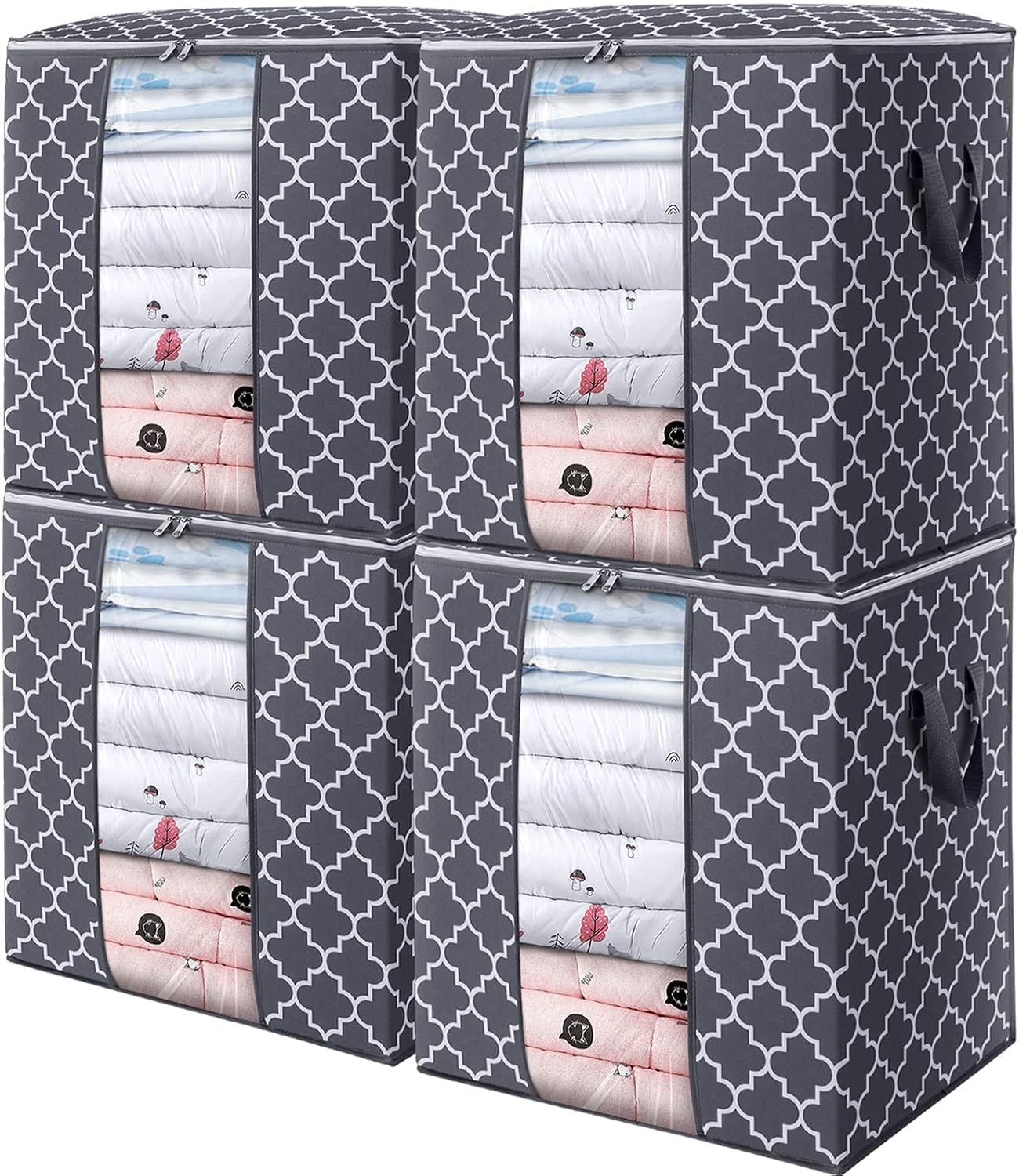 WISELIFE Storage Bags 3 Pack/100L Large Blanket Clothes Organization and Storage Containers for Comforters,Bedding, Foldable Organizer with Reinforced Handle, Clear Window, Sturdy Zippers,Gray