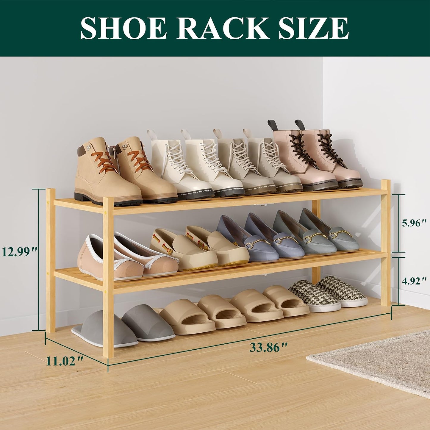 Smiry Bamboo Shoe Rack, 3 Tier Free Standing Wooden Shoe Organizer, Stackable Wood Shoe Storage Shelf for Closet, Entryway, 5 Horizontal Slats, 26.8"x11"x18.3", Natural