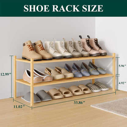 Smiry Bamboo Shoe Rack, 3 Tier Free Standing Wooden Shoe Organizer, Stackable Wood Shoe Storage Shelf for Closet, Entryway, 5 Horizontal Slats, 26.8"x11"x18.3", Natural