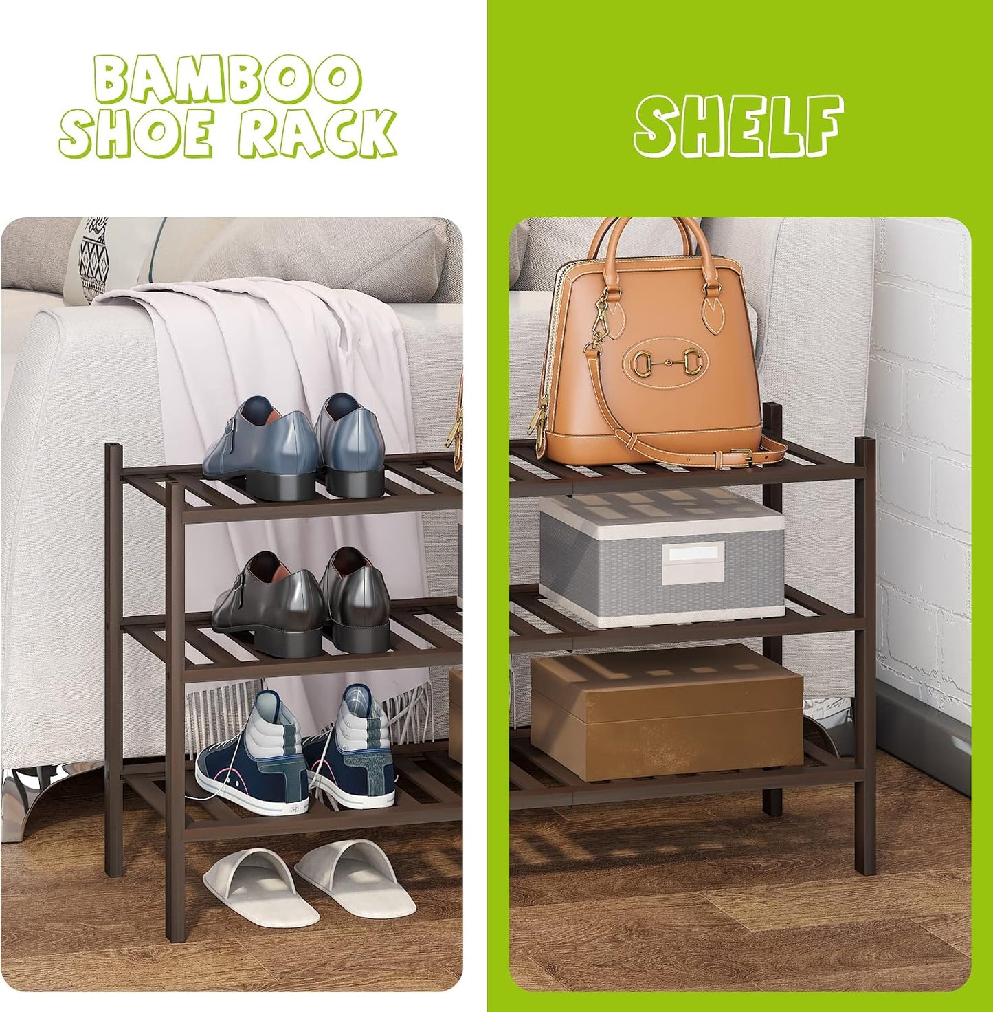 BMOSU 2-Tier Bamboo Small Shoe Rack Premium Stackable Shoe Shelf Storage Organizer for Hallway Closet Living Room Entryway Organizer (Black Bamboo)