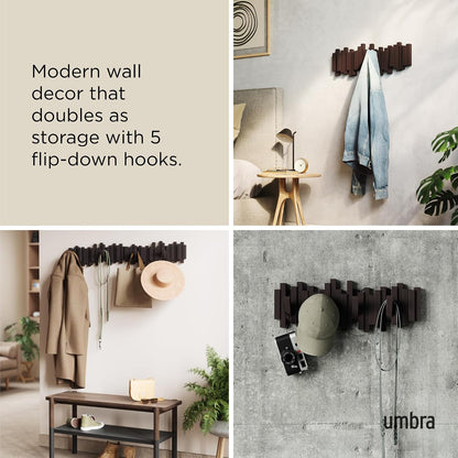 Umbra Sticks Wall-Mounted Coat Rack Rail Hook with 5 Retractable Pegs – Modern, Space-Saving Storage Organizer, Black