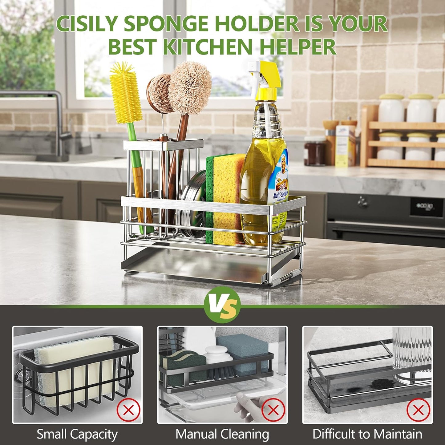 Cisily Sink Caddy Sponge Holder for Kitchen with Brush Holder and Stainless Steel Self Drain Tray, Rustproof Kitchen Sink Organizer for Sponge, Soap Dispenser Storage Accessories (Black)