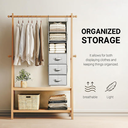 Vailando 6-Shelf Hanging Closet Organizer with 3 Drawers, 2 Separable 3-Shelf Closet Organizers and Storage for Wardrobe Organization, Hanging Dresser for Nursury & Dorm Clothes Organizer