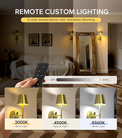 UME Wireless Sconces Set of 2 with Remote, 5200mAh Battery Powered Sconces - Small Rechargeable Sconces w/ 3 Color Temps & 5 Brightness Levels for Bedroom, Living Room, Wall Painting, Cafe (Black)