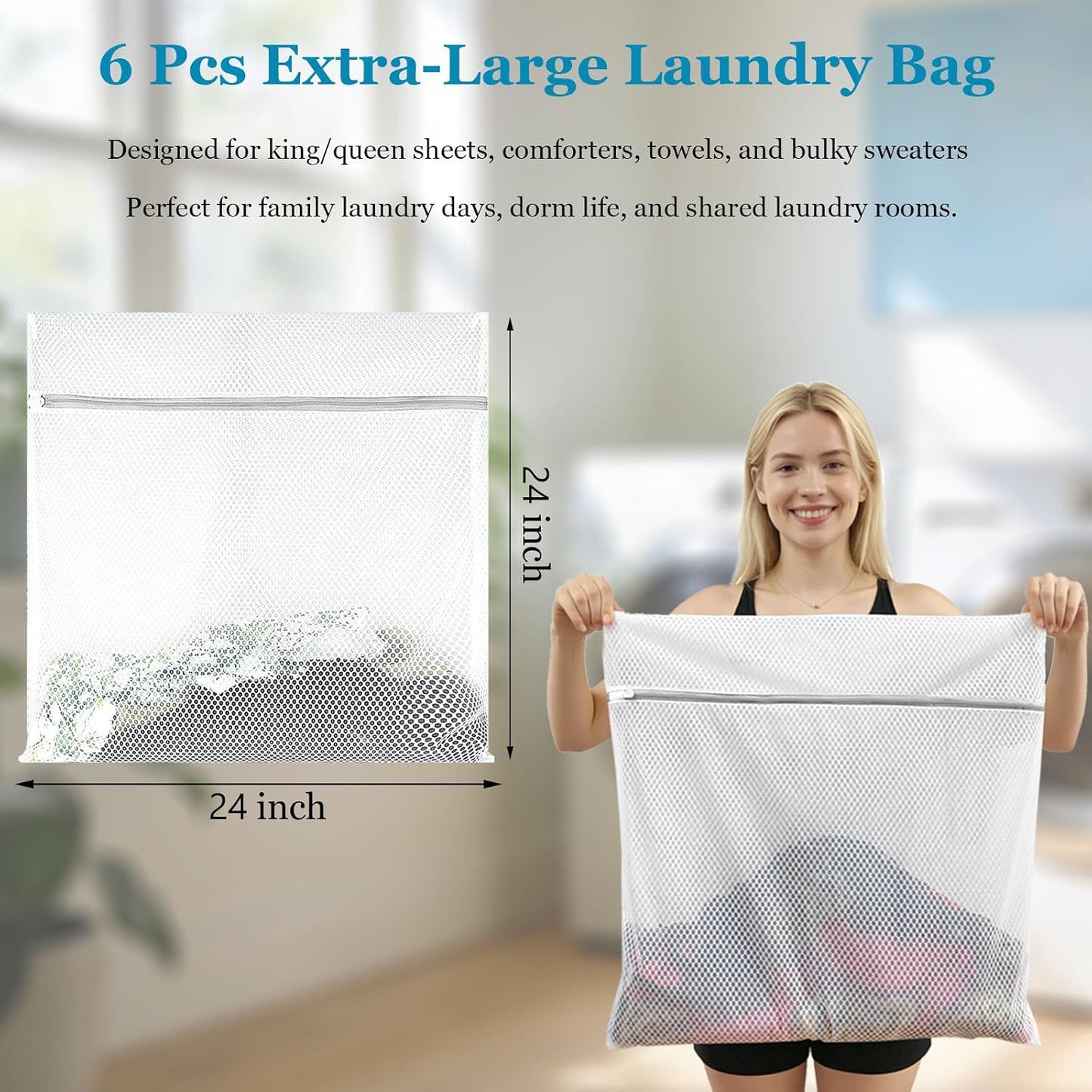 Large Mesh Laundry Bags for Delicates 24 x 24 Inch (Gray XXL -6pcs) | Honeycomb Lingerie Bags for Washing Machine, Travel Storage Organize Bags for Sheets Sweaters Jeans Blankets [6 Pack]