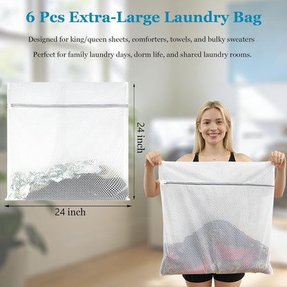 Large Mesh Laundry Bags for Delicates 24 x 24 Inch (Gray XXL -6pcs) | Honeycomb Lingerie Bags for Washing Machine, Travel Storage Organize Bags for Sheets Sweaters Jeans Blankets [6 Pack]