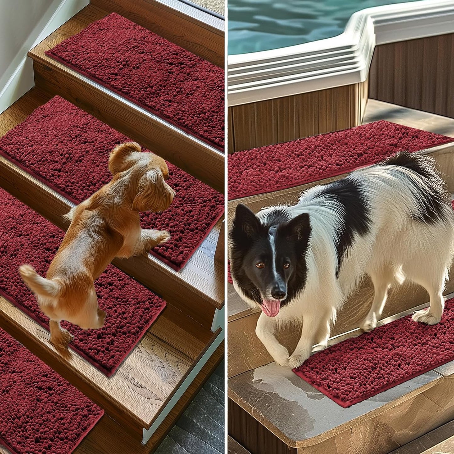 Muddy Mat® Pack of 4 - Soft Chenille Stair Treads Non-Slip Reusable, Super Absorbent Stair Treads for Wooden Steps, Tile & Marble Floor, Easy to Install & Machine Washable - Brown 30'' x 7''