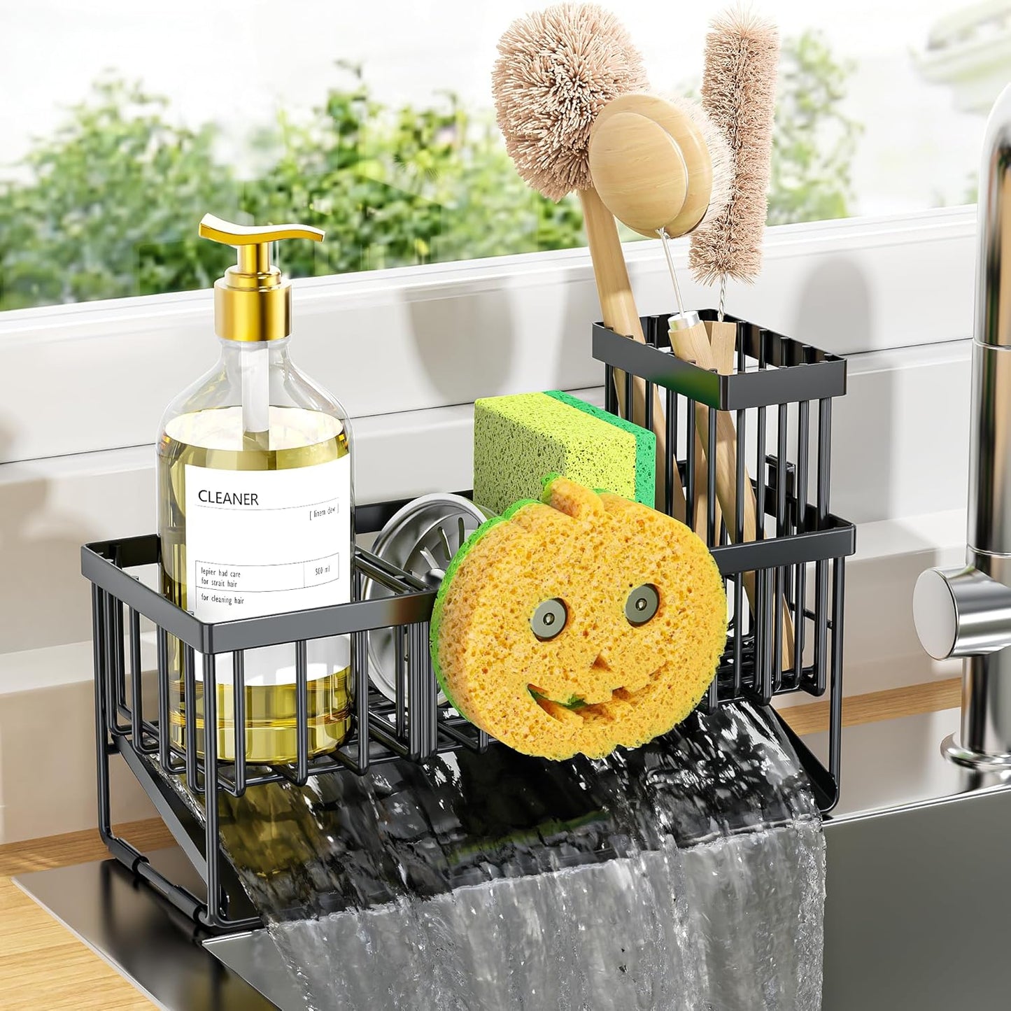 Cisily Sink Caddy Sponge Holder for Kitchen with Brush Holder and Stainless Steel Self Drain Tray, Rustproof Kitchen Sink Organizer for Sponge, Soap Dispenser Storage Accessories