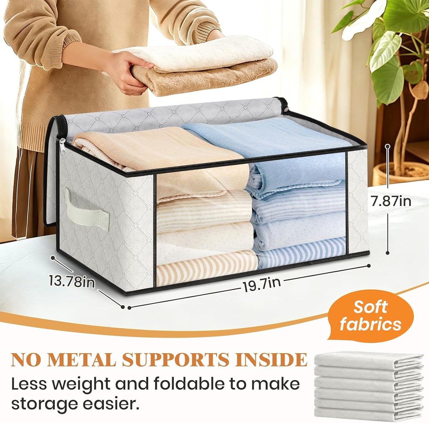 Fab totes 6 Pack Storage Bags for Clothes and Blanket, Foldable Closet Organizers and Storage with Zippers, Clear Window and Handles, Fabric Storage Bins for Sweater, Comforter, Bedding,Linen Sheets