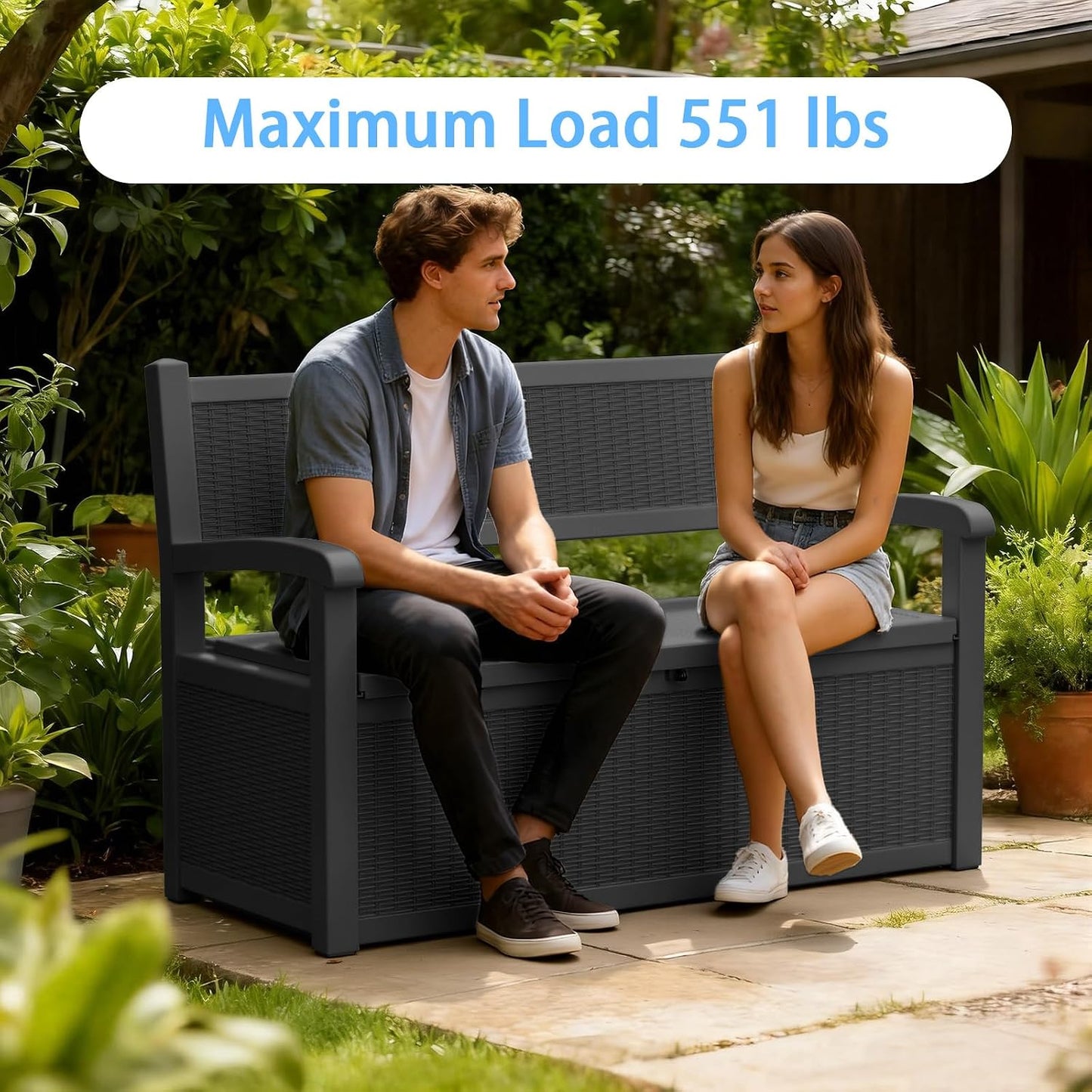 80 Gallon Outdoor Storage Bench, Heavy Duty Deck Box with Stripe Texture, Waterproof Resin Patio Seating for Cushions & Garden Tools, Lockable, 2-Person Capacity, 51"x 24"x 35", Black