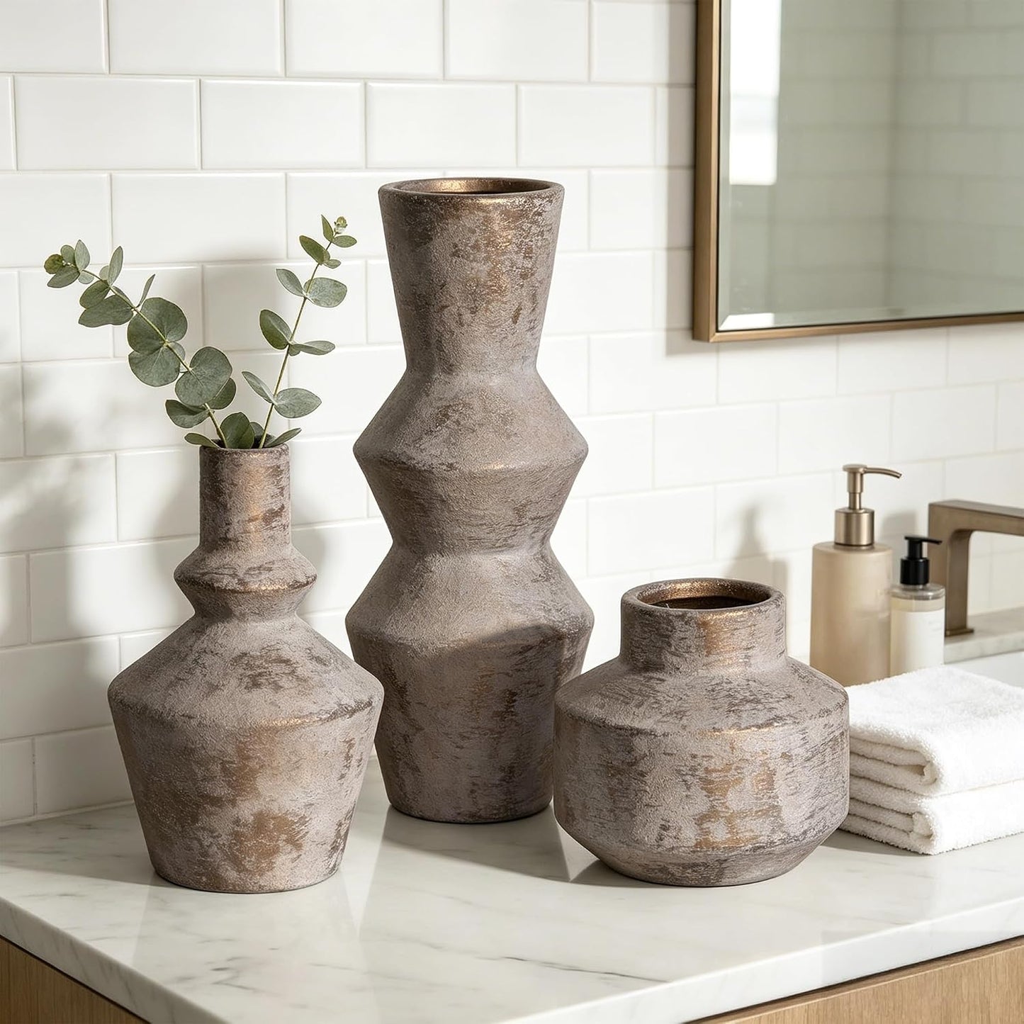 DREAMLOOM Ceramic Vase Set of 3, Modern Rustic Flower Vases for Pampas Grass, Dried & Fresh Flowers, Farmhouse Home Decor Vase for Living Room Bedroom Kitchen Shelf Centerpiece, Classic