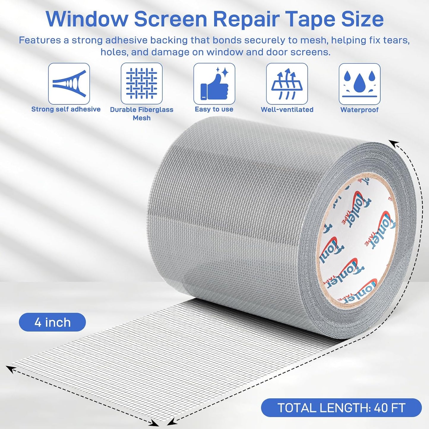 Window Screen Repair Tape 2 in x 40 FT Fiberglass Strong Adhesive Screen Patch, Waterproof Mesh Repair Kit for Window & Door Screen Holes Tears - Gray