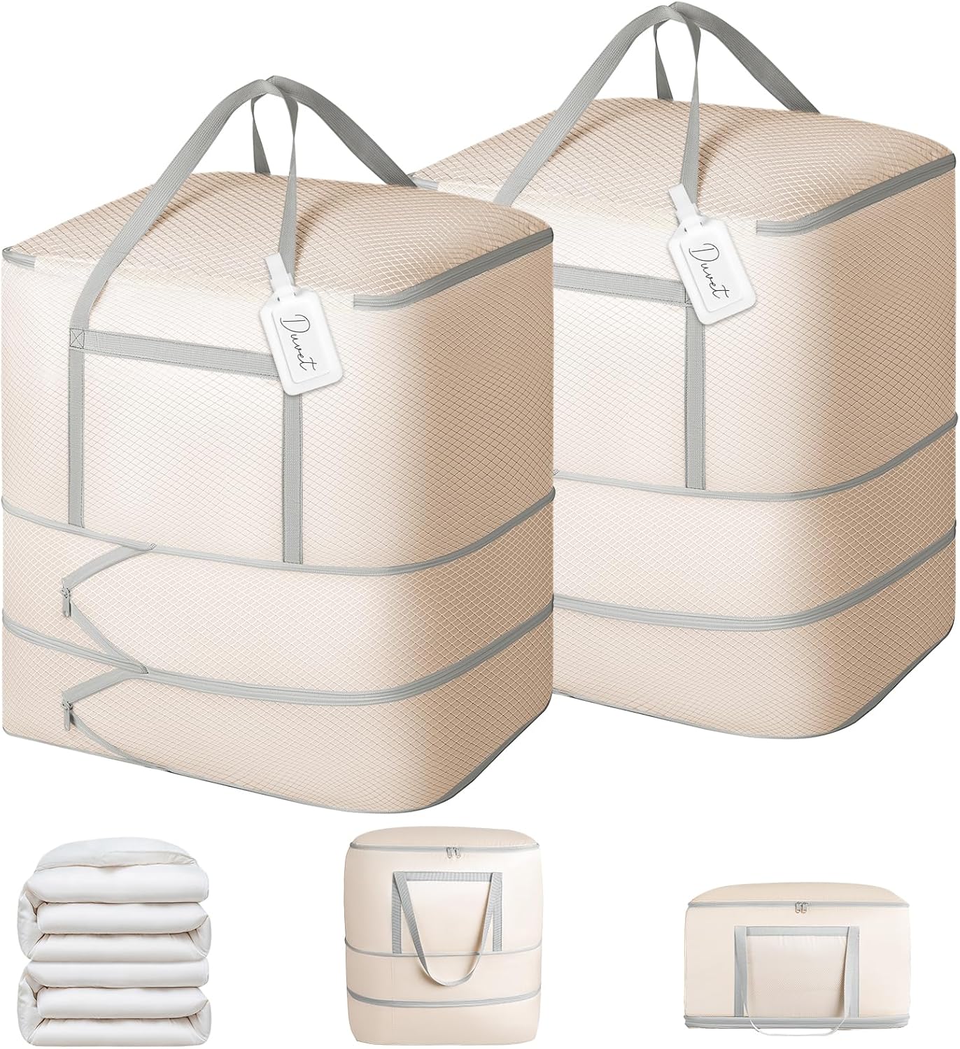 Comforter Storage Bag - 130L Large Capacity Blanket Storage Bags 4-Layer Ultra Space Saving Self Compression Organizer, Washable Compression Bags for Storage Comforter Blanket, 2-Pack, Beige