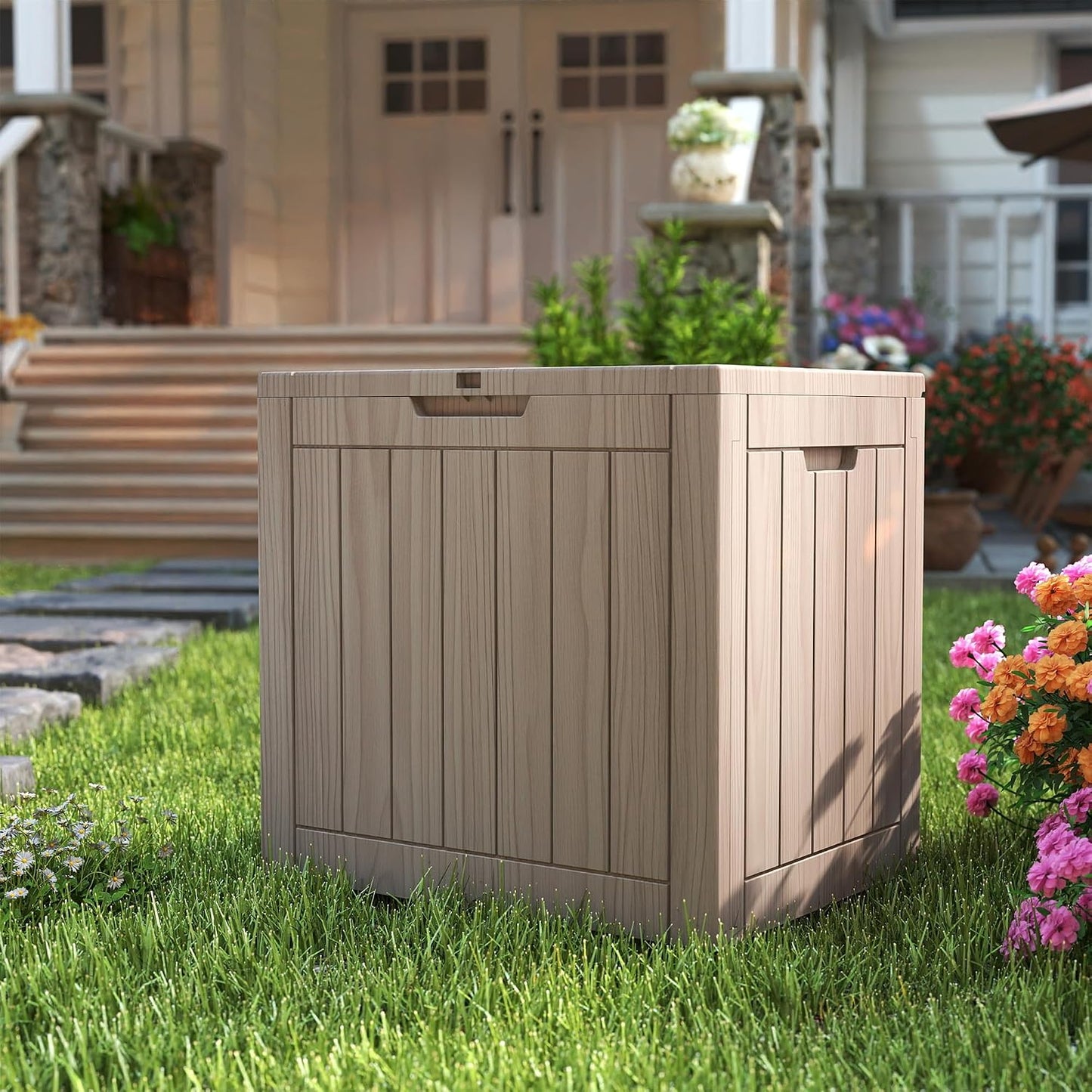 200 Gallon Deck Boxes Outdoor Waterproof, Outdoor Storage Box with Lockable Lid & UV-Resistant for Patio Furniture, Outdoor Cushions, Garden Tools and Pool Supplies, Light Brown