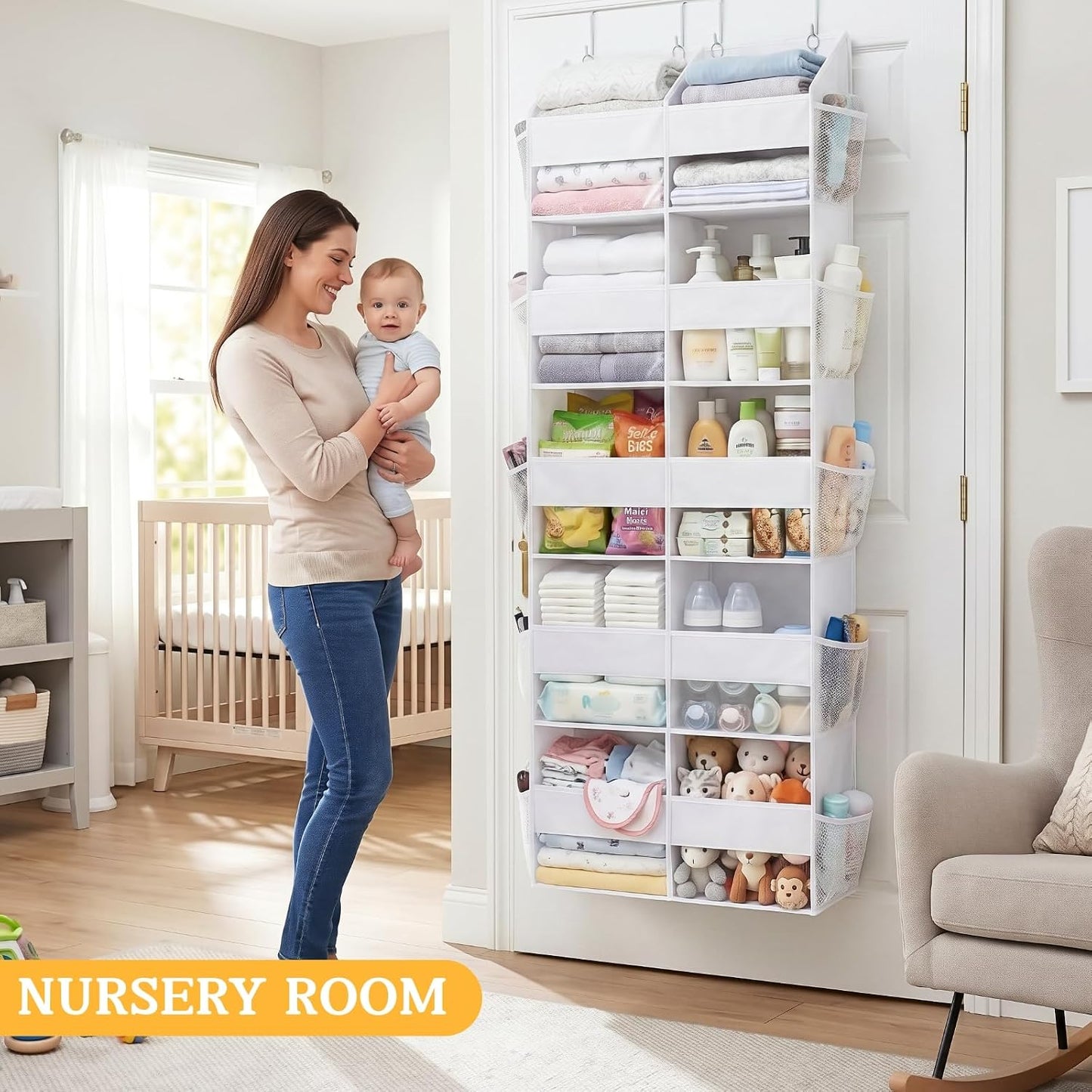 Over The Door Organizer, 5-Tier Extra Large Behind Door Storage with 10 Big Front & 10 Mesh Pockets, 80lb Capacity, Hanging Storage Organizer with Clear Window Kids Toys, Shoes, Diapers, Light Grey