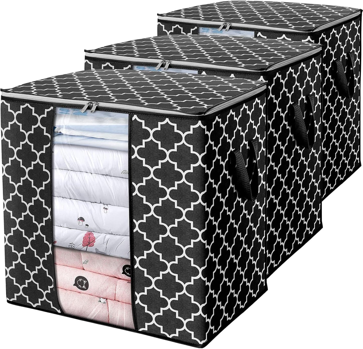 WISELIFE Storage Bags 3 Pack/100L Large Blanket Clothes Organization and Storage Containers for Comforters,Bedding, Foldable Organizer with Reinforced Handle, Clear Window, Sturdy Zippers,Gray