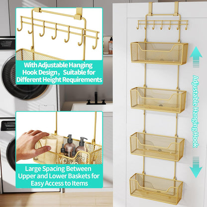 HapiRm Over The Door Organizer - Hanging Door Organizer with 4 Metal Large Capacity Baskets and Adjustable Coat Hook for Bathroom Bedroom Kitchen Pantry Closet Cabinet