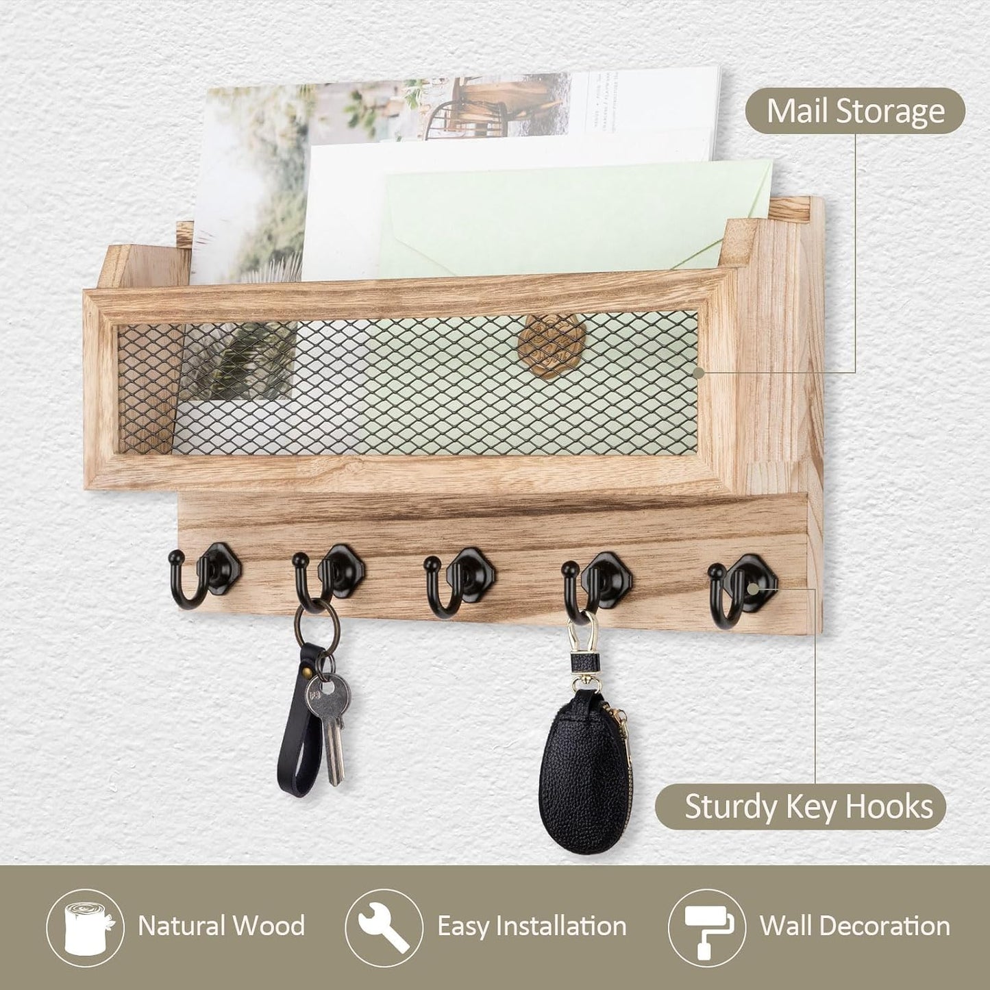 Nekon Mail and Key Holder for Wall Decorative, 11 Inch Wooden Wall Key Organizer with 5 Key Hooks, Wall Mount Storage Shelf for Entryway Hallway (Brown)
