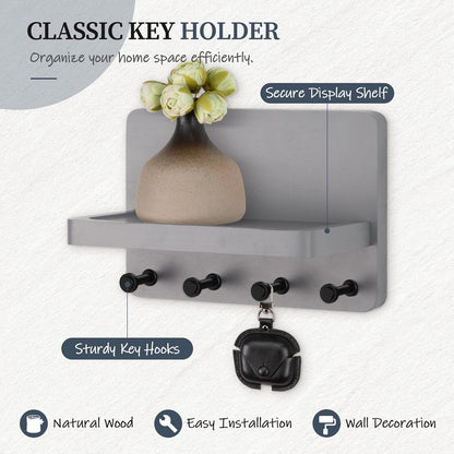 Nekon Key Holder for Wall with Shelf, Pine Wooden Key Hanger Wall Mounted, Farmhouse Wall Organizer for Home Entryway & Apartment (Standard, Wood)
