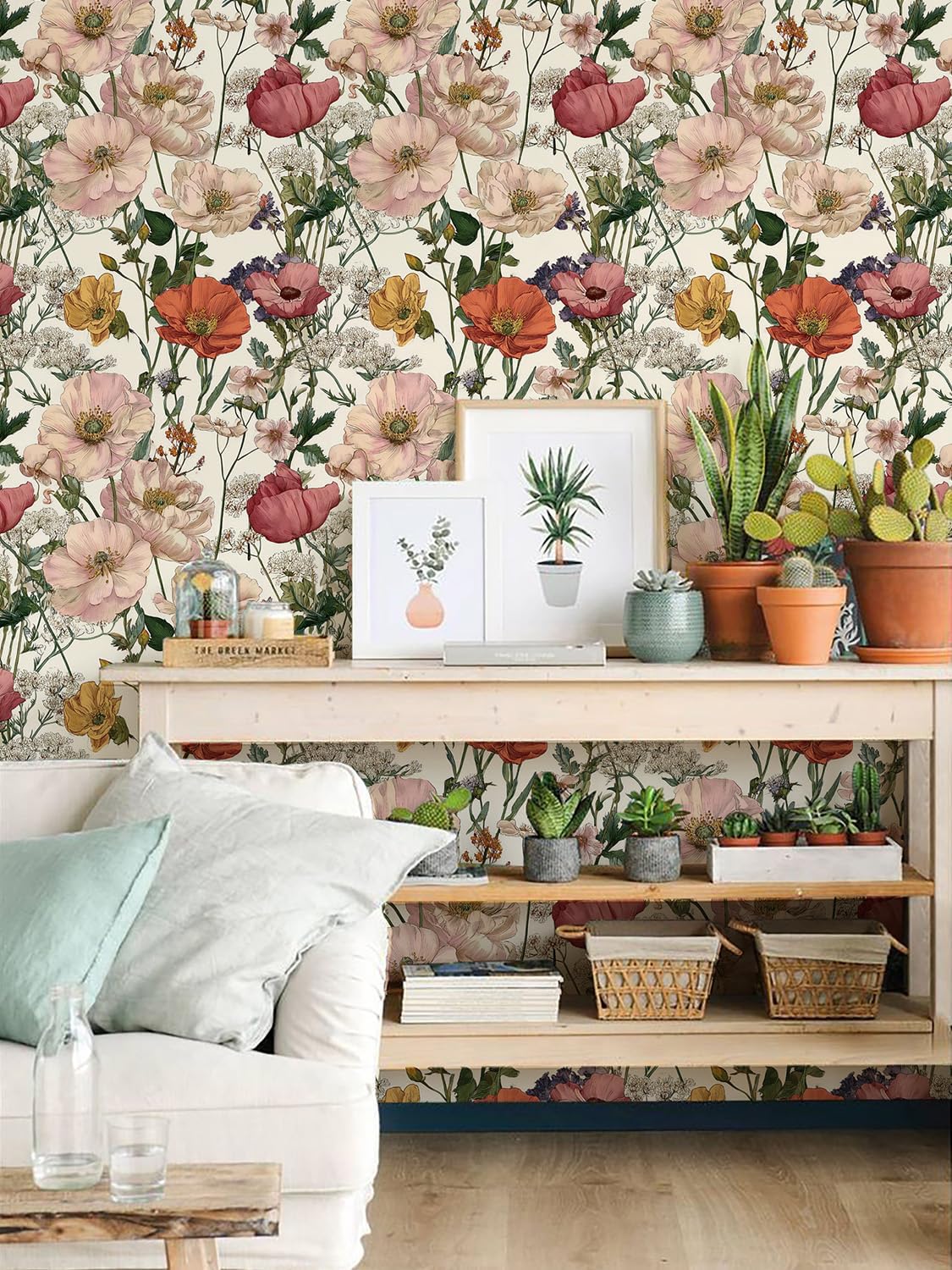 Orainege Pink Floral Peel and Stick Wallpaper Removable Self Adhesive Wallpaper 16.9inx118.1in Modern Wall Paper for Bedroom Bathroom Green Leaf Contact Paper for Cabinets