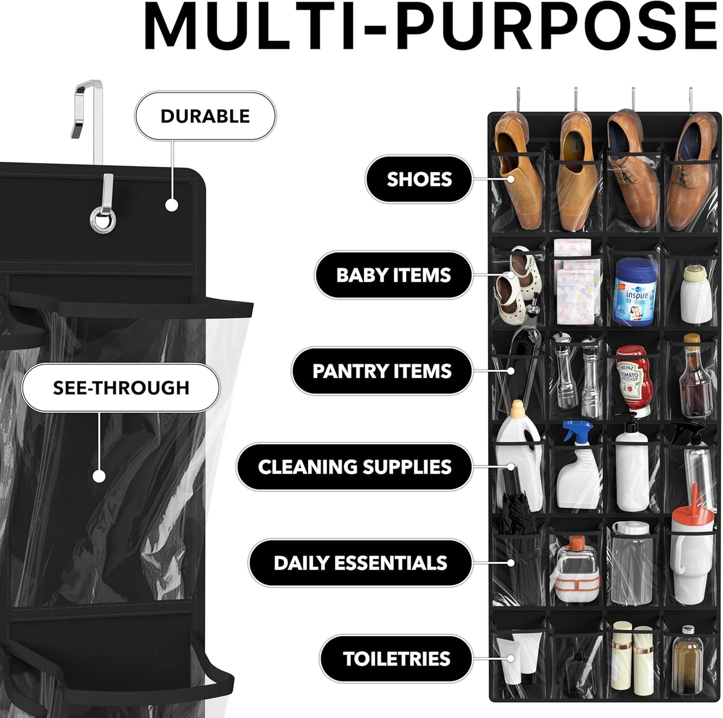Simple Houseware 24 Pockets - Crystal Clear Over The Door Hanging Shoe Organizer, Gray (64'' x 19'')
