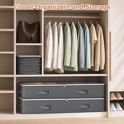 Budding Joy 90L Under Bed Storage Containers, 4 Pack Closet Organizers Grey | Foldable underbed storage bins for linen sheets, blanket, clothing, comforter, sweaters, pillows, wrapping paper