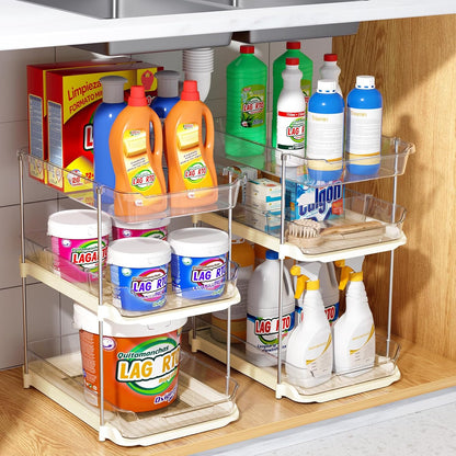 Delamu 2 Sets of 3-Tier Bathroom Under Sink Organizers and Storage, Multi-Purpose Stackable Pantry Organization and Storage, Pull Out Clear Kitchen Bathroom Cabinet Organizer with Movable Dividers | Storage