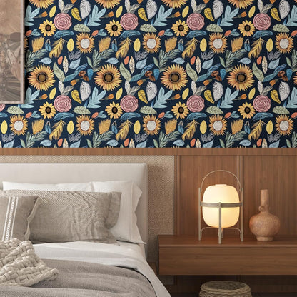 Blue Wallpaper Peel and Stick,Vintage Boho Floral Contact Paper 17.5" x 118", Retro Botanical Flower Wall Paper Self Adhesive Removable Waterproof for Walls Shelves Cabinet Table (Blue,Yellow, Green)