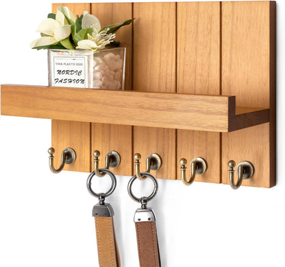 Rebee Vision Decorative Key Holder Wall Mount - Rustic Key Holder for Wall with Shelf and Mail Organizer for Living Room Decor - Home Essentials for Home Improvement (Brown, 3.54" x 10" x 7.28")