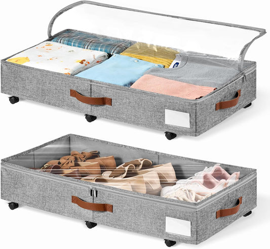 6 Inches Under Bed Storage with Wheels Pack of 2, Underbed Shoe Storage Container Bin with Clear Lid Cover, Rolling Under Bed Drawer Storage Bag Basket for Shoe Organizer Sheet Sweater - White