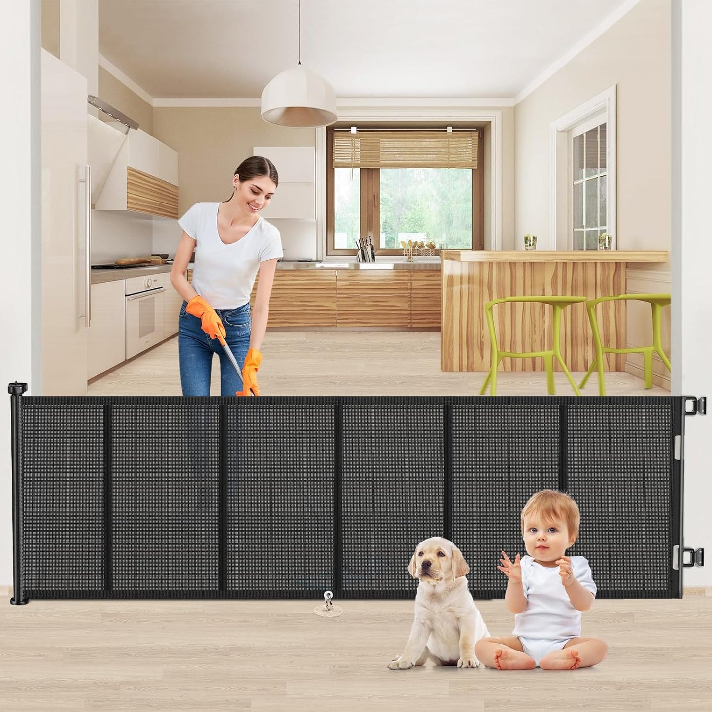 71 inch Retractable Baby Gates, EZIGO Extra Wide Baby Gate for Large Opening Extra Long Mesh Gate for Kids or Pet Dog Gate Child Safety Gate for Stairs Hallways Doorway Indoor Outdoor, Gray