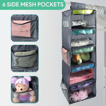 5-Shelf Weekly Clothes Organizer for Kids Days of The Week Hanging Storage Shelves Dorm Room Essential Daily Shelf Hanging Closet Organizer with 6 Side Pockets…