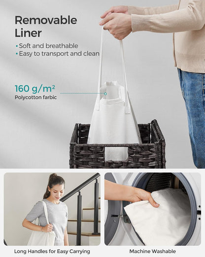 SONGMICS Laundry Hamper with Lid, 23.8 Gallon (90 L) Synthetic Rattan Clothes Laundry Basket with Lid and Handles, Foldable, Removable Liner, Chestnut Brown ULCB051K02