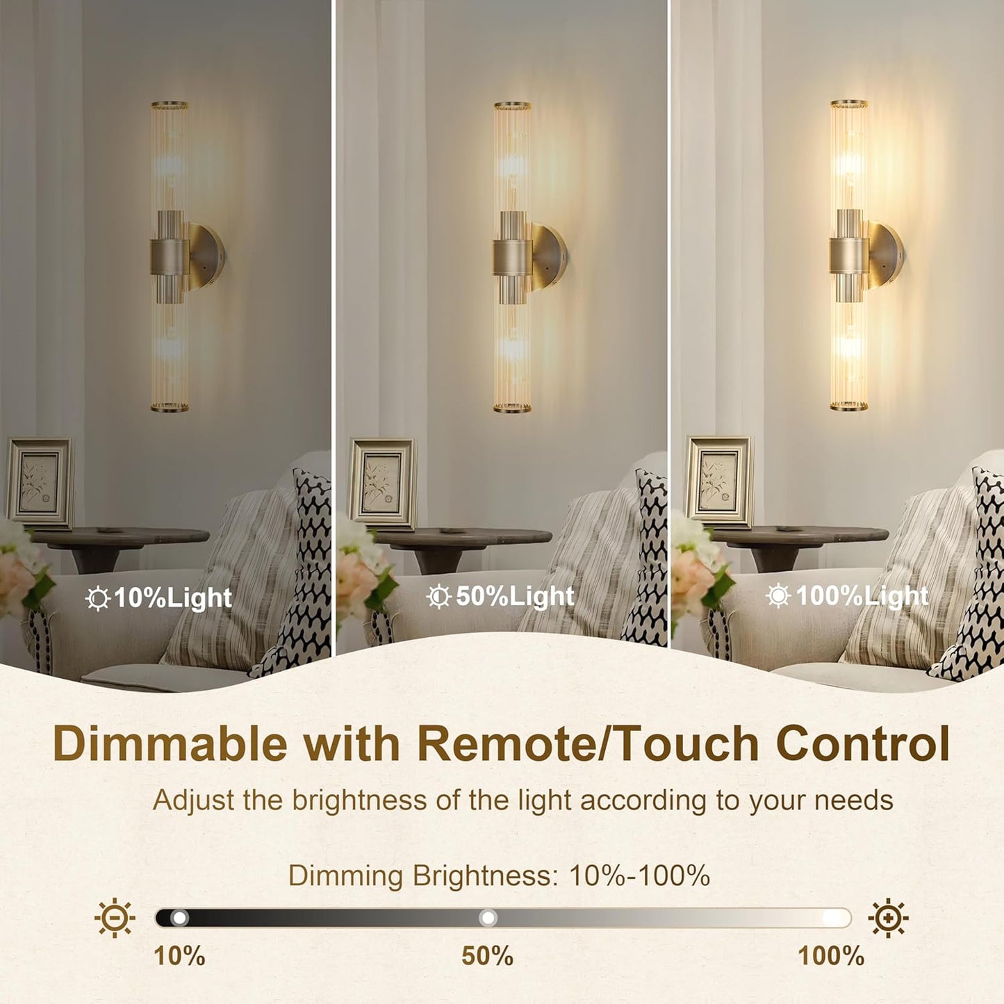 Morauroral Gold Battery Operated Wall Sconces Set of Two, Rechargeable Wall Sconce with Dimmable Remote Control, 20 Inch Wireless Sconce Wall Light for Bedroom, Living Room (Bulbs Included)