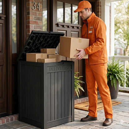 Outdoor Storage Box, 90 Gallon Package Delivery Boxes for Outside, with Lockable Secure, Deck Box Outdoor Waterproof for Entryway, Front Porch, Backyard, Garden, Patio, Lawn, Black