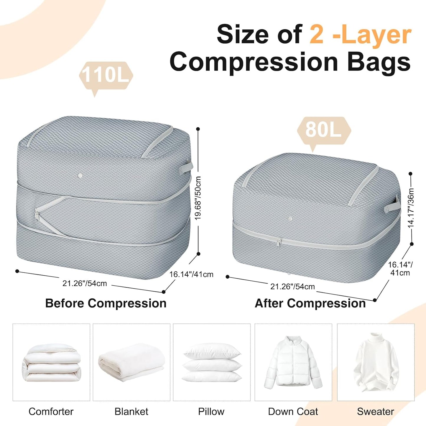Comforter Storage Bag - Large Capacity Blanket Storage Bags 3-Layer Ultra Space Saving Self Compression Organizer, Washable Compression Bags for Storage Comforter Blanket, 2-Pack, Beige