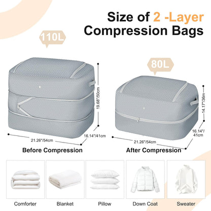 Comforter Storage Bag - Large Capacity Blanket Storage Bags 3-Layer Ultra Space Saving Self Compression Organizer, Washable Compression Bags for Storage Comforter Blanket, 2-Pack, Beige