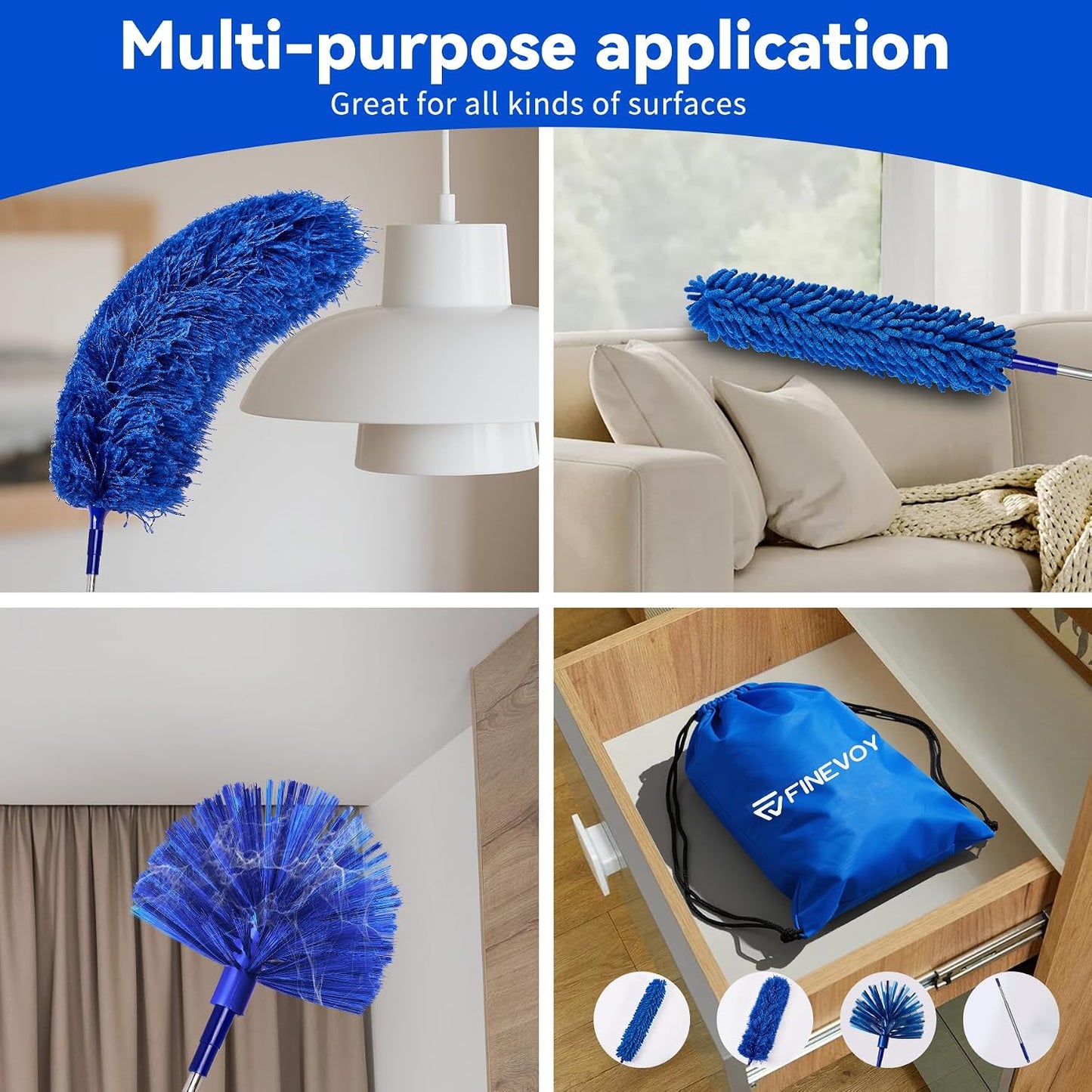 Dusters for Cleaning, Duster with Extension Pole 5 in 1 Kit, Cobweb Duster, Long Dusters for High Ceilings, Microfiber Dusters for Ceiling Fan, Blinds and Furniture