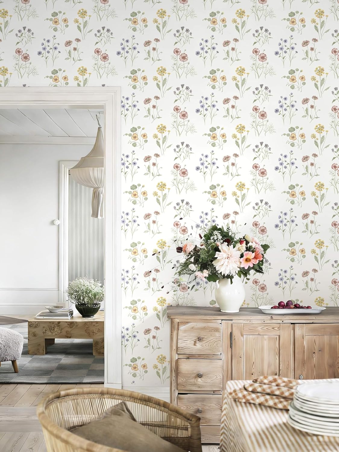 Dimoon 17.3''x78.7'' Vintage Peel and Stick Wallpaper Boho Beige Neutral Contact Paper White Floral Bird Wallpaper Removable Botanical Renter Friendly Modern Wall Paper Bedroom Bathroom Vinyl Roll