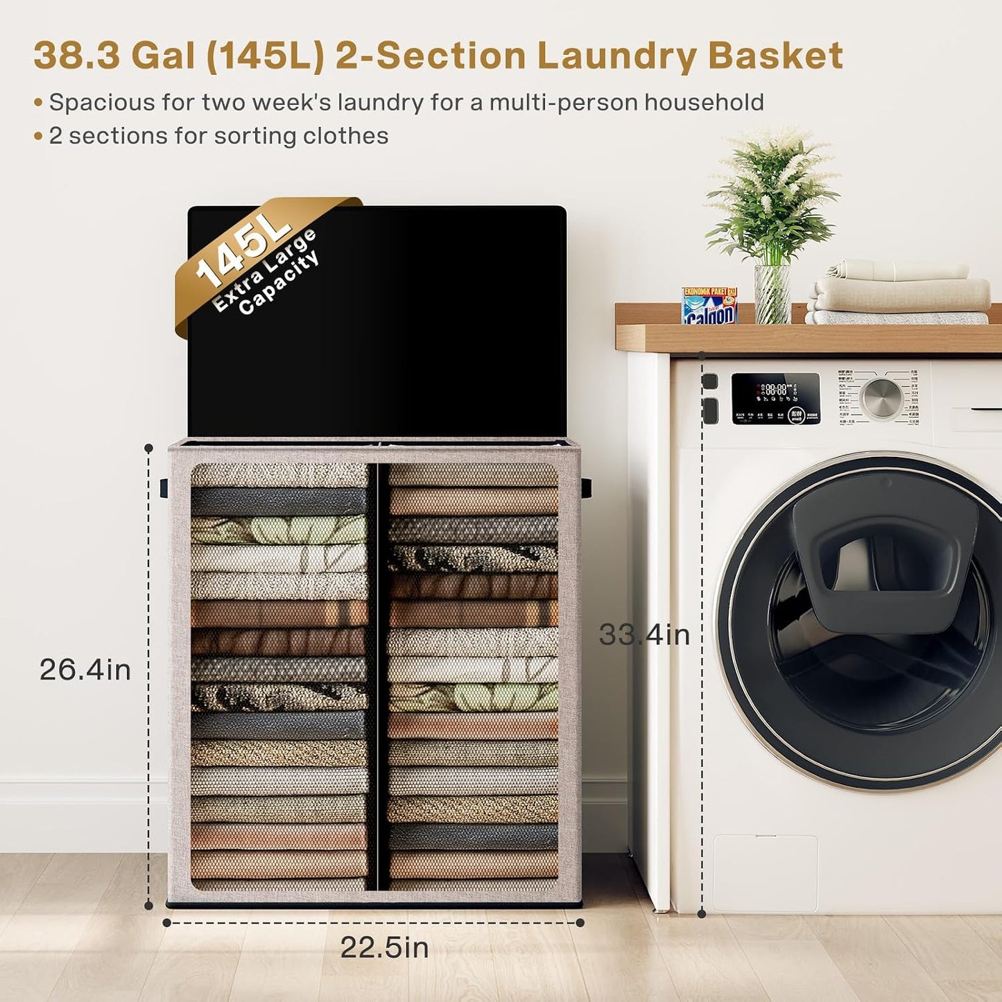 SOLEDI Luxury Double Laundry Hamper with Lid and Removable Bags, 38.3 Gal Large Laundry Bin, Laundry Basket 2 Sections, Collapsible Clothes Hamper for Bedroom, Laundry Room, Bathroom, Off-white